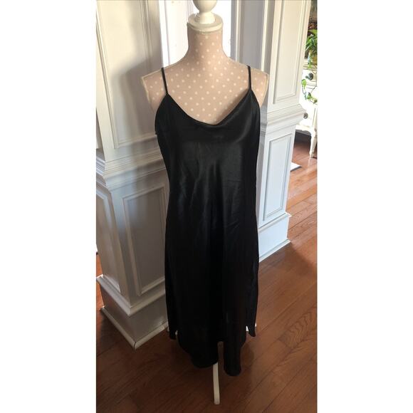 VINTAGE Vanity Fair Satin Nightie Slip Dress Size 38 Large Black Side Slits - Picture 1 of 8